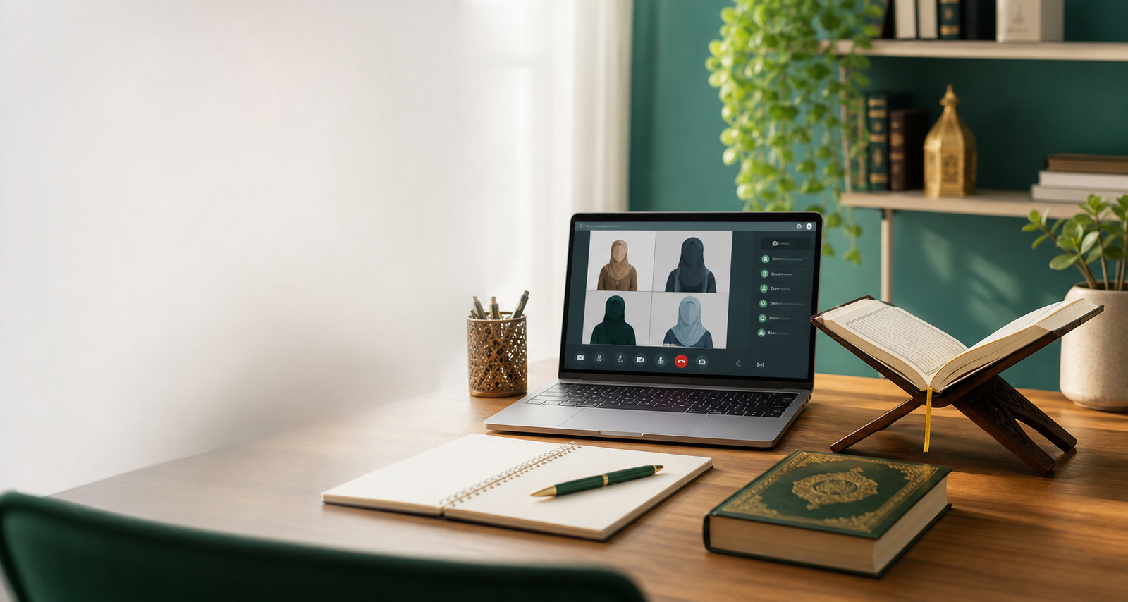 Online Quran teaching desk with laptop, Quran, and study notes